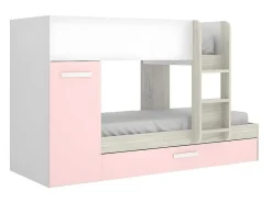 Stapelbed Met Opbergruimtes 3 X 90 X 190 Cm - Wit, Naturel En Roze - Met Matras - Anthony-Vente-unique Discount