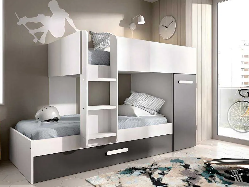 Stapelbed Met Opbergruimtes 3 X 90 X 190 Cm - Antraciet En Wit - Met Matras - Anthony-Vente-unique Hot