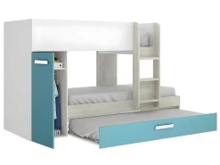 Stapelbed Met Slaaplade En Opbergruimtes 3 X 90 X 190 Cm - Wit, Naturel En Blauw - Met Matras - Anthony-Vente-unique Clearance