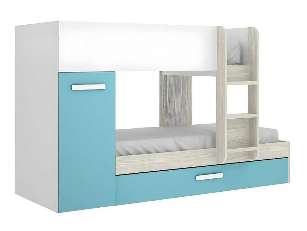 Stapelbed Met Slaaplade En Opbergruimtes 3 X 90 X 190 Cm - Wit, Naturel En Blauw - Met Matras - Anthony-Vente-unique Clearance