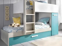 Stapelbed Met Slaaplade En Opbergruimtes 3 X 90 X 190 Cm - Wit, Naturel En Blauw - Met Matras - Anthony-Vente-unique Clearance