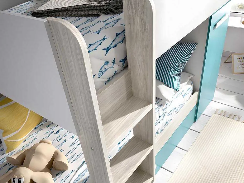 Stapelbed Met Slaaplade En Opbergruimtes 3 X 90 X 190 Cm - Wit, Naturel En Blauw - Anthony-Vente-unique Hot