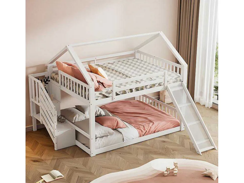 Stapelbed Voor Kinderen 140X200Cm - Met Opbergtrap En Glijbaan - Wit-ModernLuxe Online
