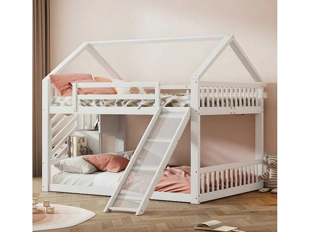 Stapelbed Voor Kinderen 140X200Cm - Met Opbergtrap En Glijbaan - Wit-ModernLuxe Online