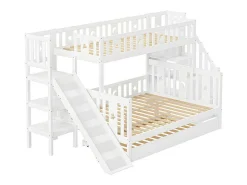 Stapelbed 90X200 + 140X200 Cm - Massief Hout - Met Glijbaan, Plank En Onderschuifbed - Wit-ModernLuxe Outlet