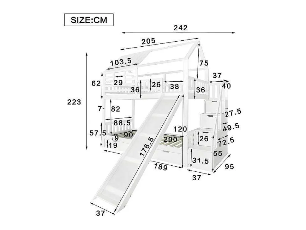Stapelbed 90X200Cm - Grenenhout En Mdf Structuur - Met Glijbaan En Opbergtrap - Een Grote Lade Onder Het Bed - Wit-ModernLuxe Best