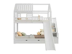 Stapelbed 90X200Cm - Grenenhout En Mdf Structuur - Met Glijbaan En Opbergtrap - Een Grote Lade Onder Het Bed - Wit-ModernLuxe Best