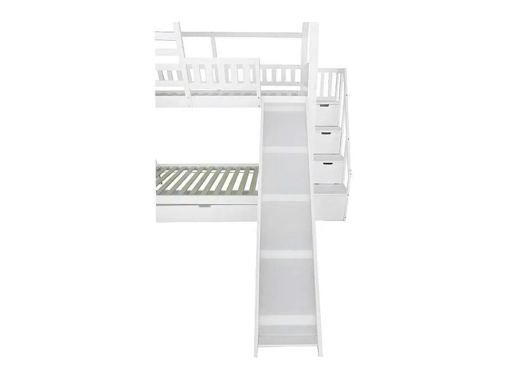 Stapelbed 90X200Cm - Grenenhout En Mdf Structuur - Met Glijbaan En Opbergtrap - Een Grote Lade Onder Het Bed - Wit-ModernLuxe Best