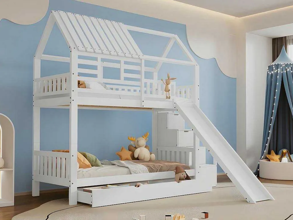 Stapelbed 90X200Cm - Grenenhout En Mdf Structuur - Met Glijbaan En Opbergtrap - Een Grote Lade Onder Het Bed - Wit-ModernLuxe Best