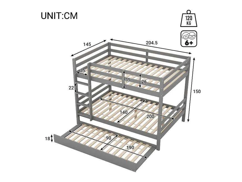 Stapelbedden 140 X 200 Cm Met Onderschuifbed 90 X 200 Cm - Balustrade En Trap - Mdf Hout - Grijs-Vente-unique Discount