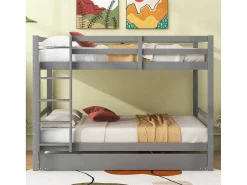 Stapelbedden 140 X 200 Cm Met Onderschuifbed 90 X 200 Cm - Balustrade En Trap - Mdf Hout - Grijs-Vente-unique Discount