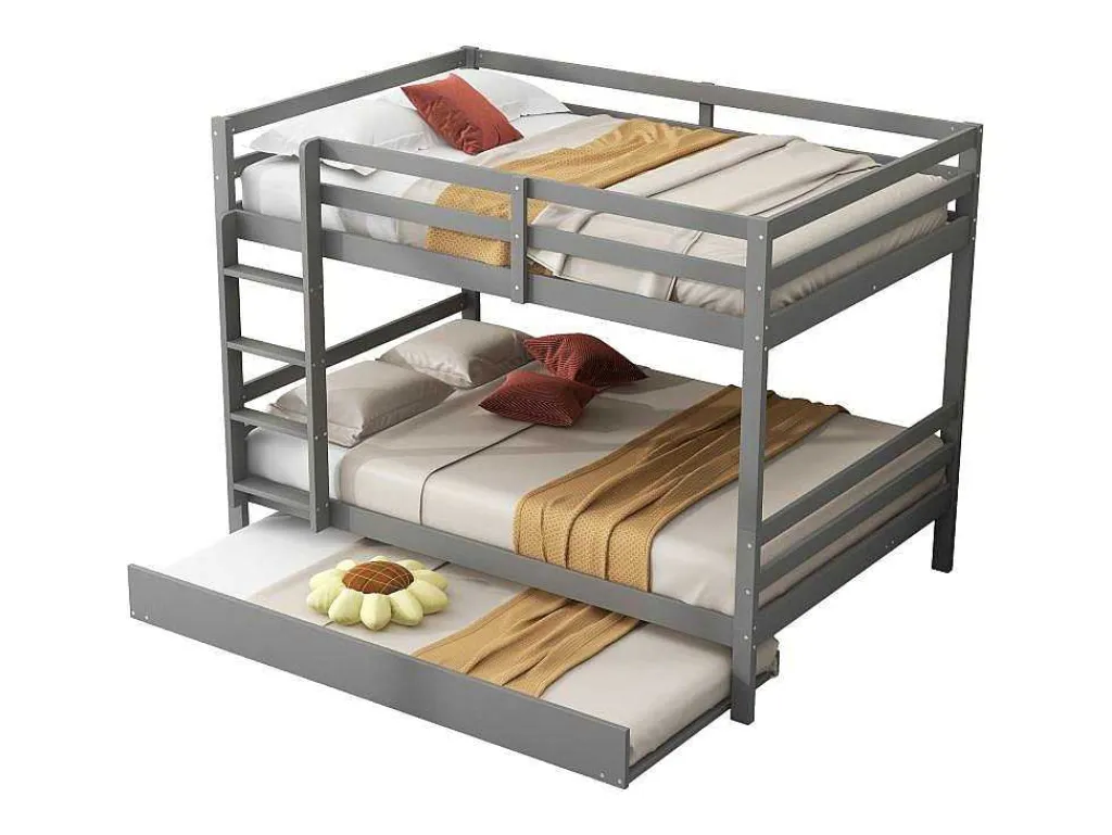 Stapelbedden 140 X 200 Cm Met Onderschuifbed 90 X 200 Cm - Balustrade En Trap - Mdf Hout - Grijs-Vente-unique Discount