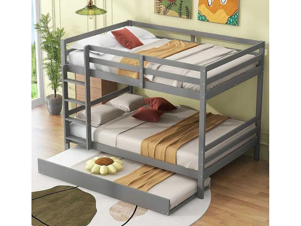 Stapelbedden 140 X 200 Cm Met Onderschuifbed 90 X 200 Cm - Balustrade En Trap - Mdf Hout - Grijs-Vente-unique Discount