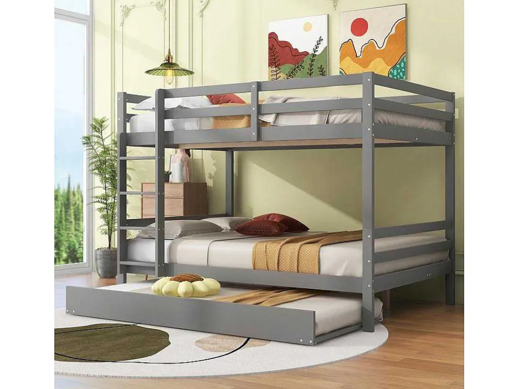 Stapelbedden 140 X 200 Cm Met Onderschuifbed 90 X 200 Cm - Balustrade En Trap - Mdf Hout - Grijs-Vente-unique Discount