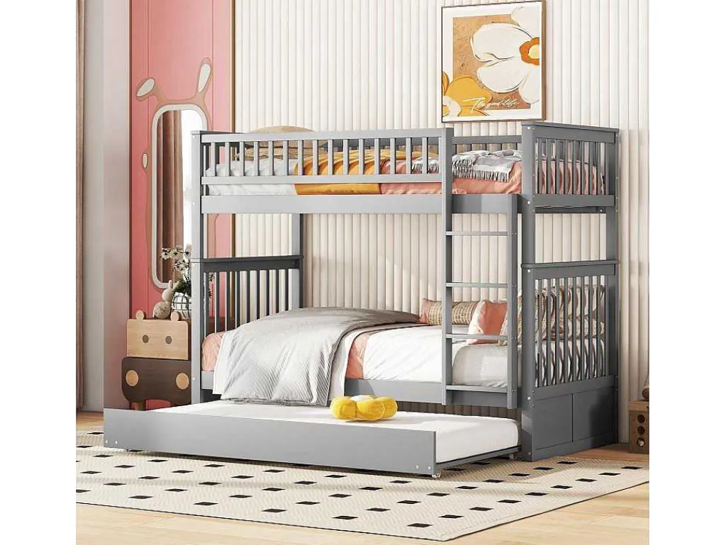 Stapelbedden 2 X 90 X 200 Cm + Onderschuifbed 90 X 190 Cm - Mdf Hout - Grijs - Anthony-Vente-unique Best