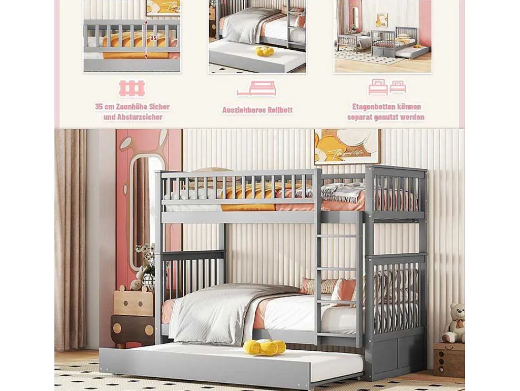 Stapelbedden 2 X 90 X 200 Cm + Onderschuifbed 90 X 190 Cm - Mdf Hout - Grijs - Anthony-Vente-unique Best