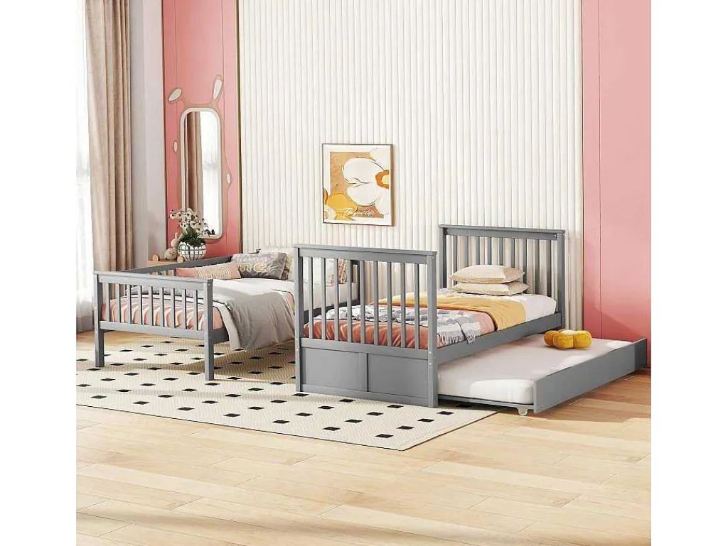 Stapelbedden 2 X 90 X 200 Cm + Onderschuifbed 90 X 190 Cm - Mdf Hout - Grijs - Anthony-Vente-unique Best