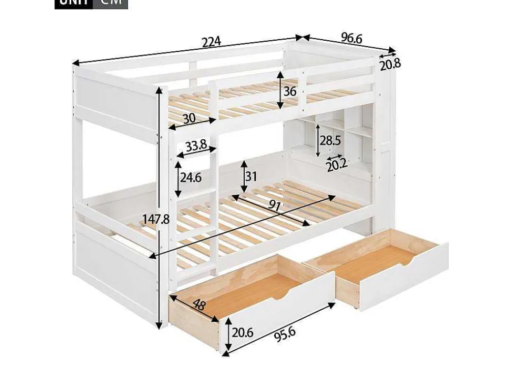 Stapelbedden 2 X 90 X 200 Cm Voor Kinderen - 2 Laden + 6 Vakken + Planken - Mdf Hout - Wit-Vente-unique Hot