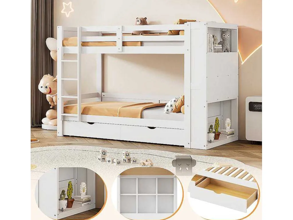 Stapelbedden 2 X 90 X 200 Cm Voor Kinderen - 2 Laden + 6 Vakken + Planken - Mdf Hout - Wit-Vente-unique Hot