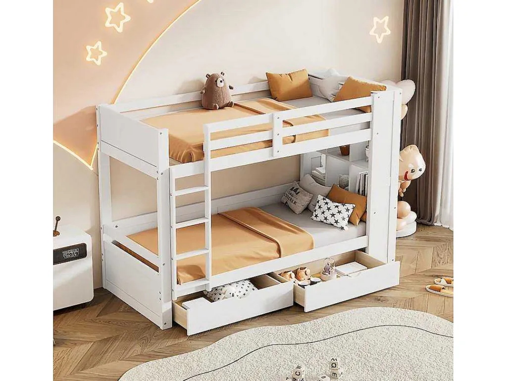 Stapelbedden 2 X 90 X 200 Cm Voor Kinderen - 2 Laden + 6 Vakken + Planken - Mdf Hout - Wit-Vente-unique Hot
