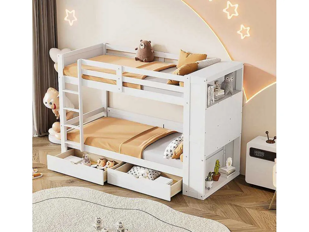 Stapelbedden 2 X 90 X 200 Cm Voor Kinderen - 2 Laden + 6 Vakken + Planken - Mdf Hout - Wit-Vente-unique Hot