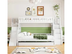 Stapelbedden Met Glijbaan En Planken, Onderschuifbed - 2 X 90 X 200 Cm + 140 X 200 Cm - Wit - Anthony-Vente-unique Hot