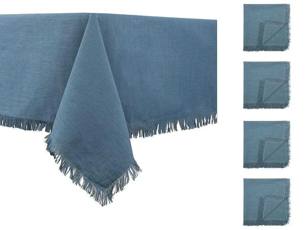 Tafelkleed + 4 Servetten Met Franjes - Katoen - Blauw - 140 X 240 Cm - Pola-OZAIA Outlet