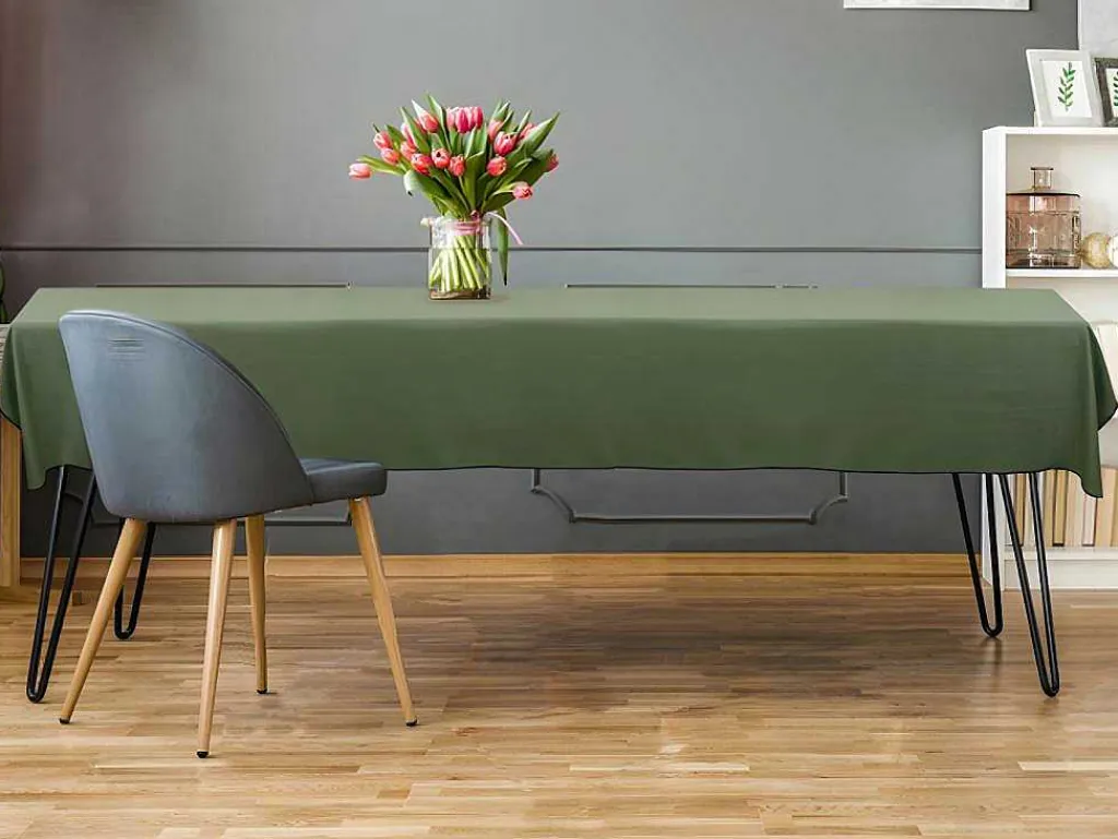 Tafellaken Van Katoen En Linnen Met Zwarte Rand - 170 X 300 Cm - Kaki - Borina-OZAIA Outlet