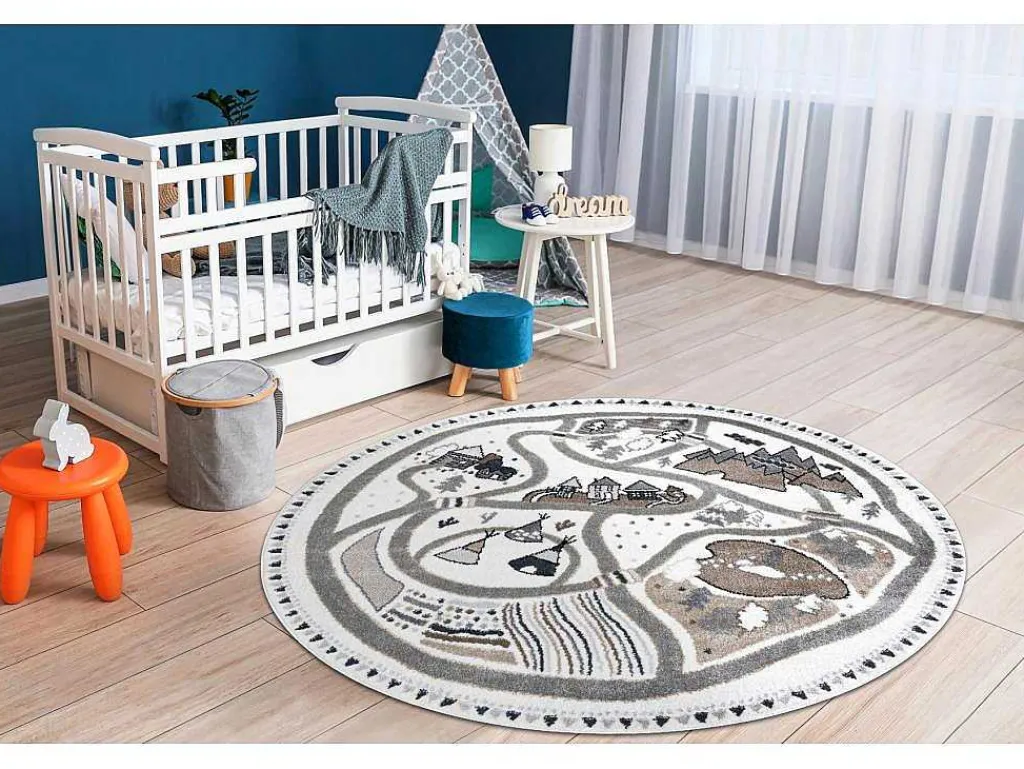 Tapijt Fun Land Voor Kinderen, Dorp, Straten, Wiel - Creme Cercle 140 Cm-RugsX Online