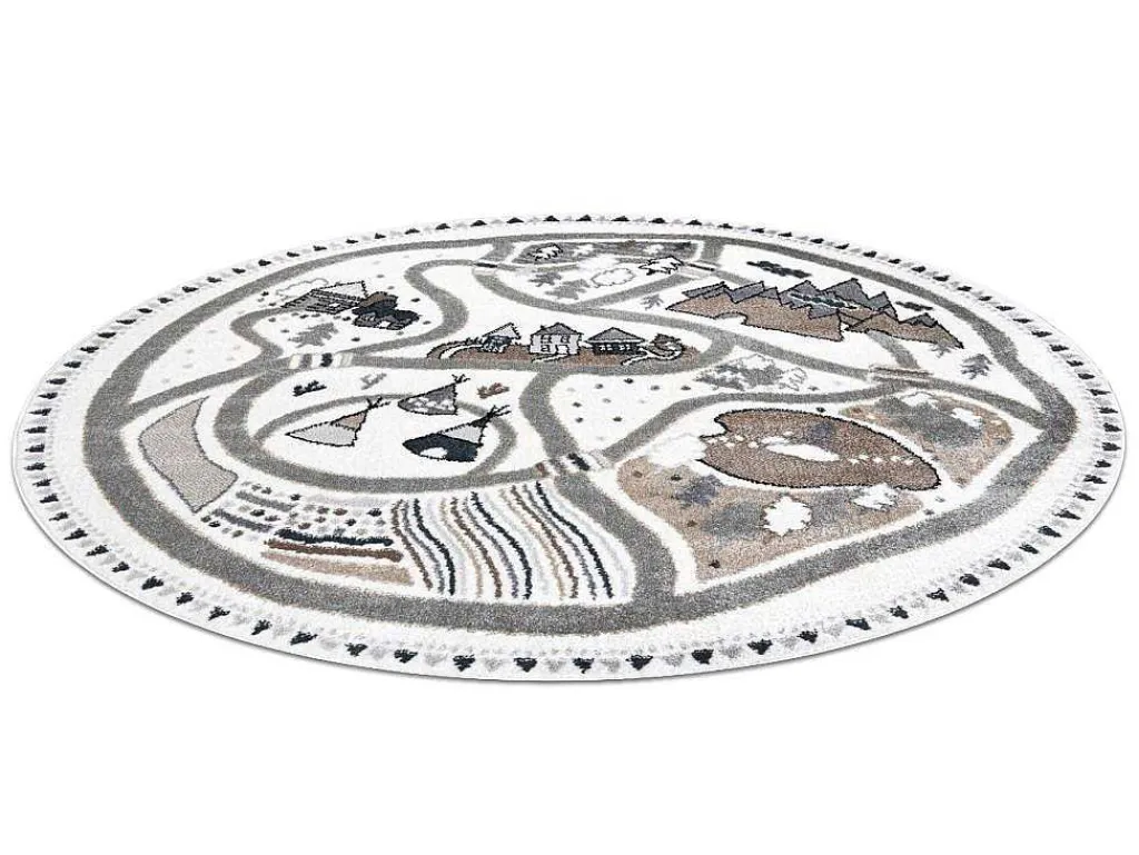 Tapijt Fun Land Voor Kinderen, Dorp, Straten, Wiel - Creme Cercle 200 Cm-RugsX Best