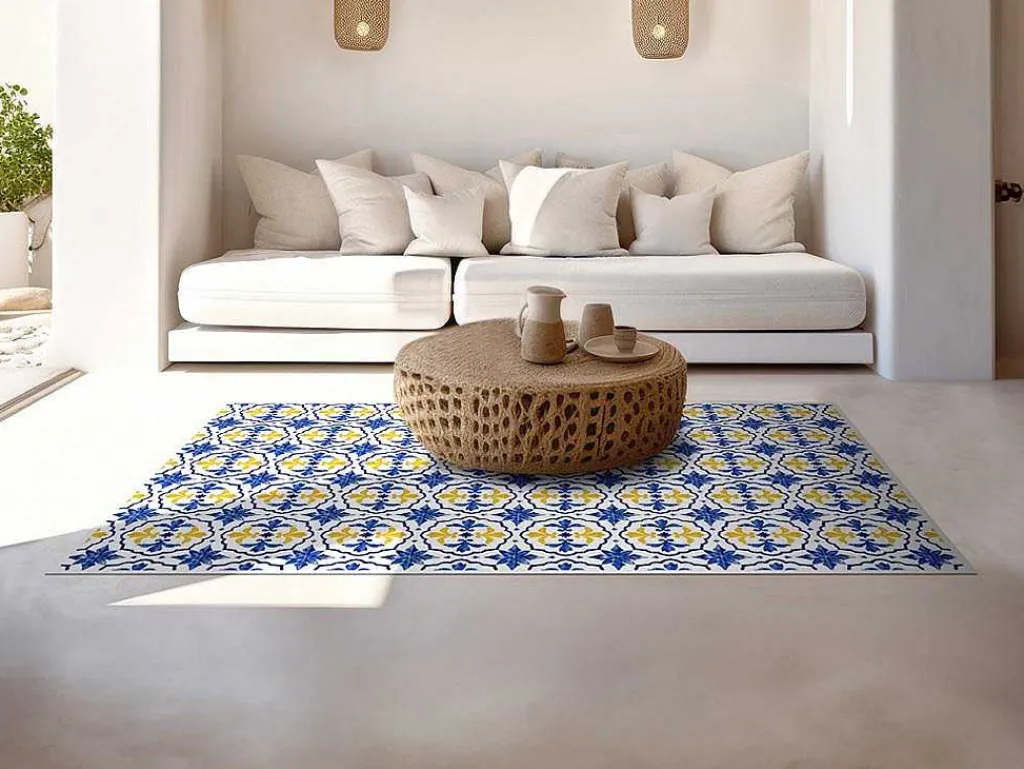 Tapijt Van Vinyl Met Cementtegeleffect - 120 X 180 Cm - Blauw En Geel - Florili-OZAIA