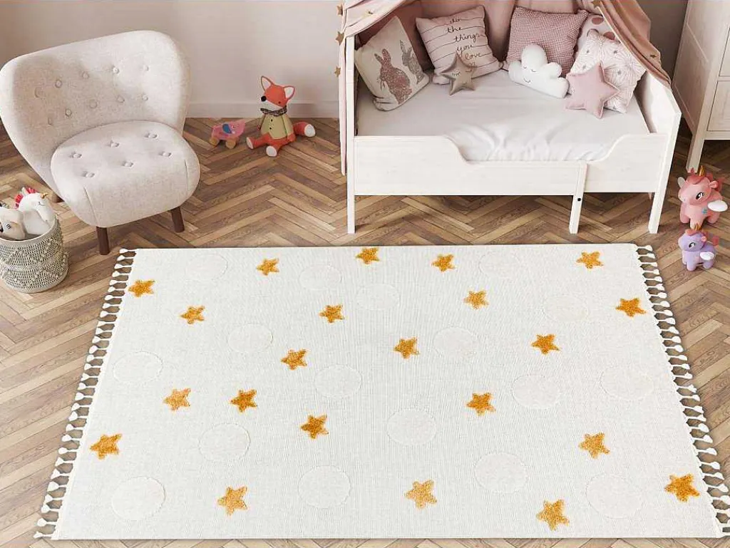 Tapijt Yoyo Gd75 Wit / Oranje - Sterren, Cirkels Voor Kinderen, Struct 200X290 Cm-RugsX Best