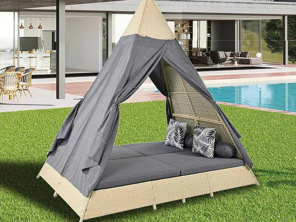 Tuinbed - Rotan Tent Voor 2 Personen - Met Gordijn En Kussens - Beige-ModernLuxe Online