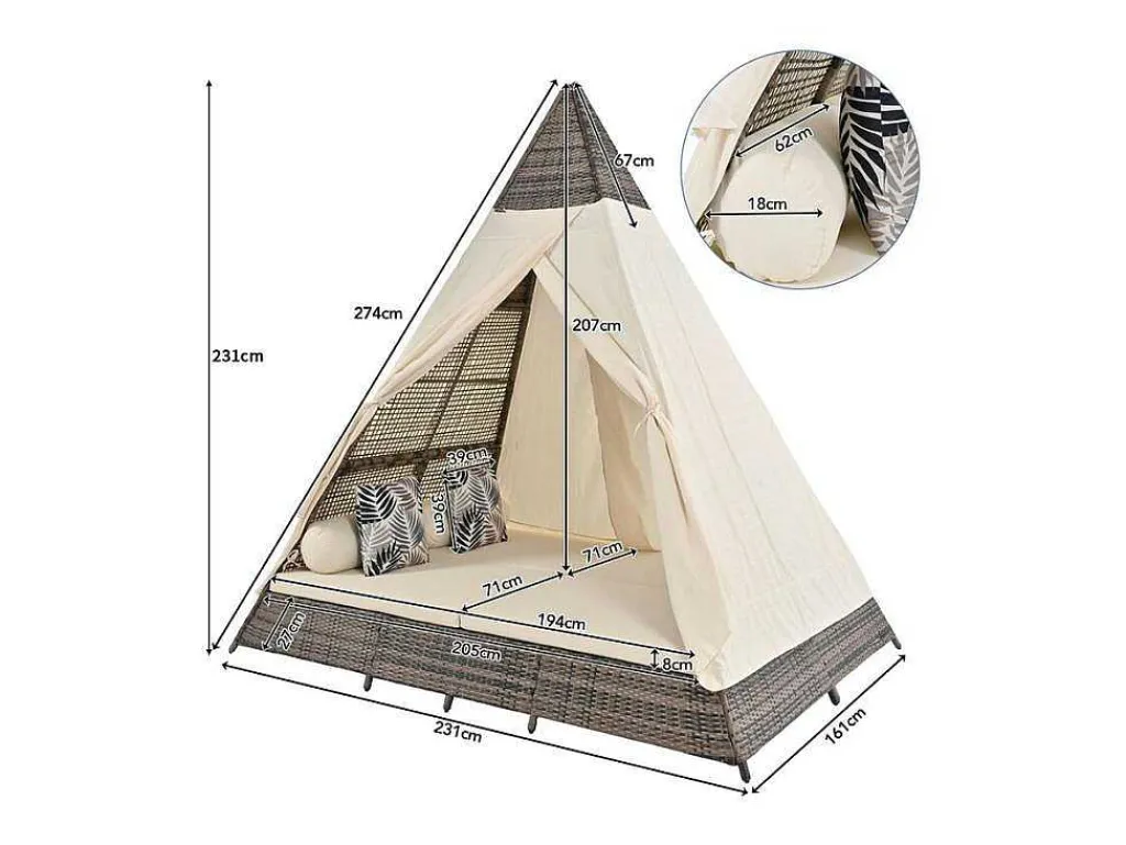 Tuinbed - Rotan Tent Voor 2 Personen - Met Gordijn En Kussens - Grijs-ModernLuxe Sale