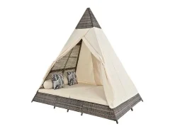 Tuinbed - Rotan Tent Voor 2 Personen - Met Gordijn En Kussens - Grijs-ModernLuxe Sale