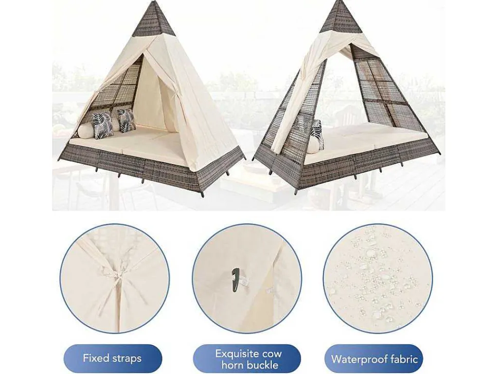 Tuinbed - Rotan Tent Voor 2 Personen - Met Gordijn En Kussens - Grijs-ModernLuxe Sale
