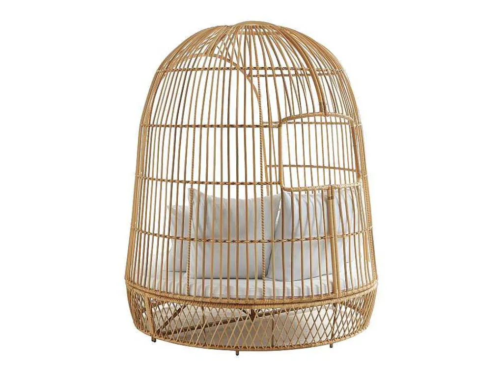 Tuinbed Met Baldakijn Van Gevlochten Hars - Licht Naturel Met Wit Kussen - Cervaro Van-MYLIA Outlet