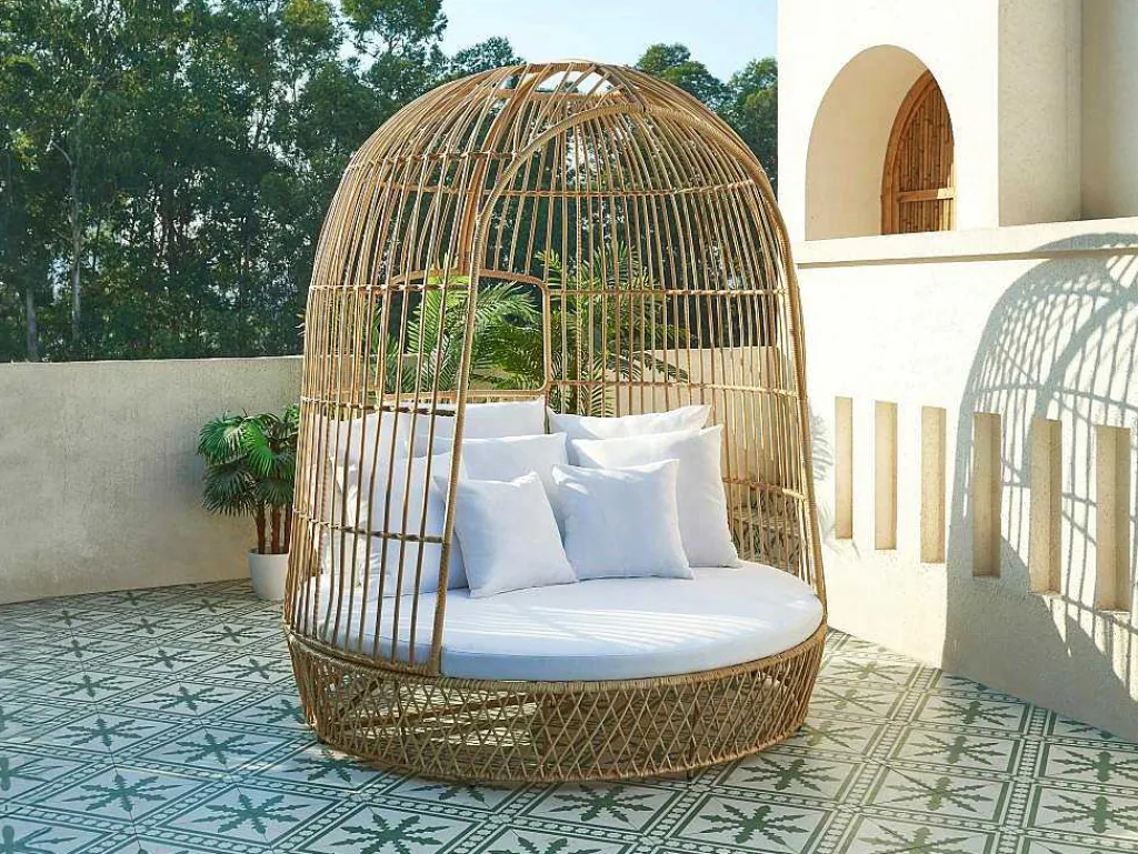 Tuinbed Met Baldakijn Van Gevlochten Hars - Licht Naturel Met Wit Kussen - Cervaro Van-MYLIA Outlet