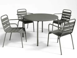 Tuineethoek Van Metaal - Een Tafel D110 Cm En 4 Opstapelbare Fauteuils - Donkergrijs - Mirmande-MYLIA Online