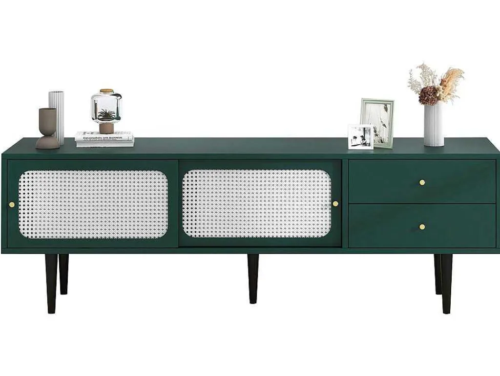 Tv-Meubel 160 Cm - 2 Rotan Schuifdeuren En 2 Lades - Groen-ModernLuxe New