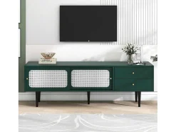 Tv-Meubel 160 Cm - 2 Rotan Schuifdeuren En 2 Lades - Groen-ModernLuxe New