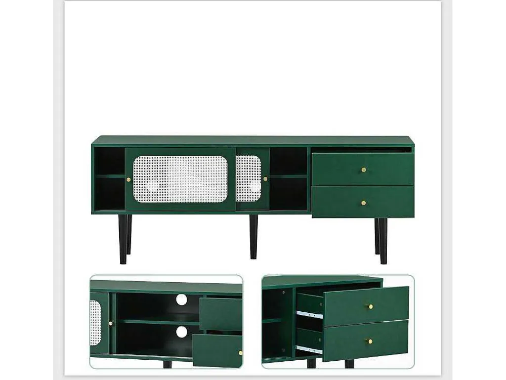 Tv-Meubel 160 Cm - 2 Rotan Schuifdeuren En 2 Lades - Groen-ModernLuxe New