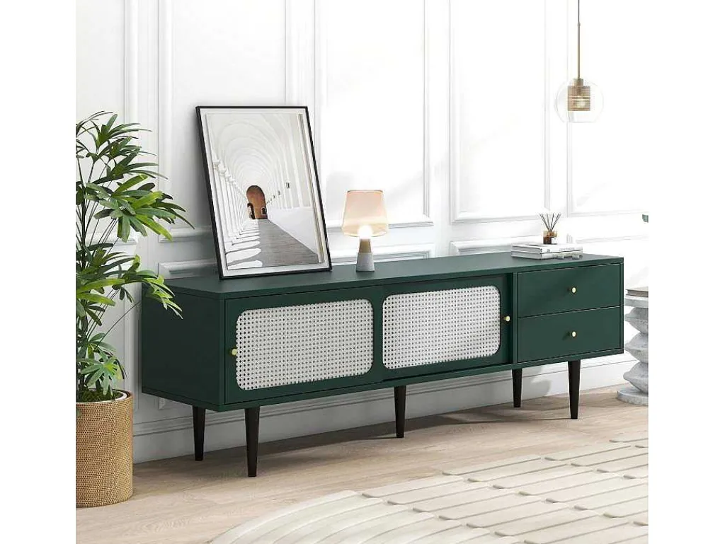 Tv-Meubel 160 Cm - 2 Rotan Schuifdeuren En 2 Lades - Groen-ModernLuxe New