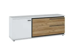 Tv-Meubel Met 1 Deur En 2 Laden - Naturel En Wit - Nisuka-Vente-unique Outlet