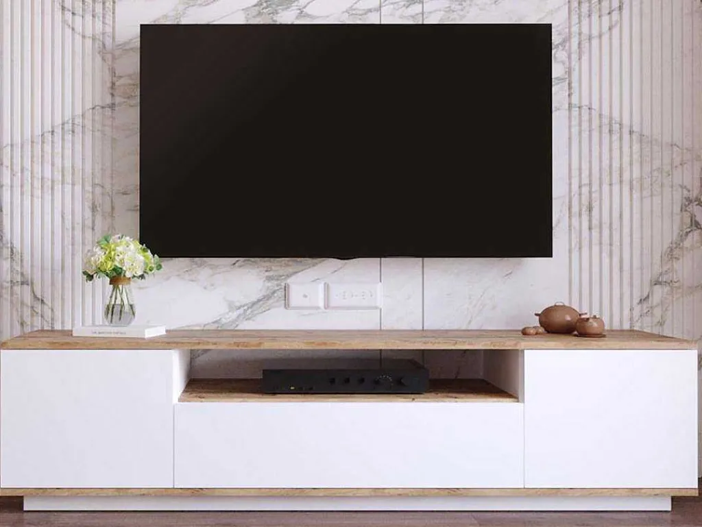Tv-Meubel Met 3 Deuren En 1 Nis - Wit En Naturel - Lotula-Vente-unique Best