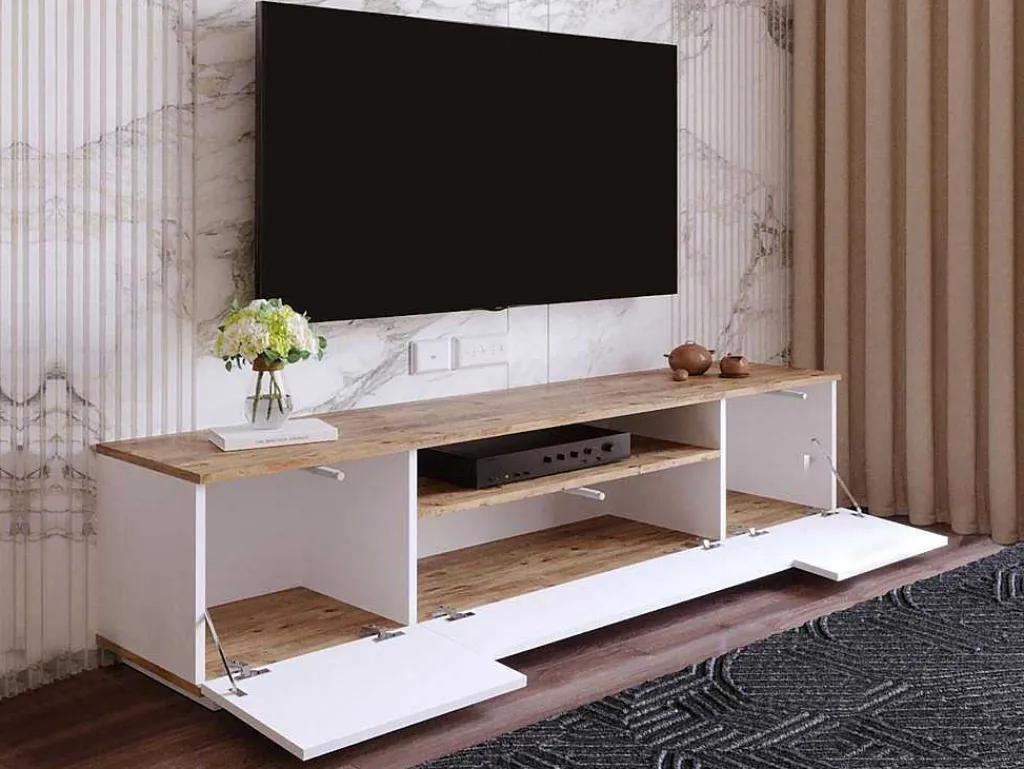 Tv-Meubel Met 3 Deuren En 1 Nis - Wit En Naturel - Lotula-Vente-unique Best
