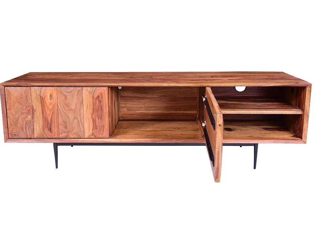 Tv-Meubel Met 2 Deuren En 2 Niche - Sheesham Hout En Metaal - Kleur: Natuurlijk - Zelicina-Vente-unique Outlet