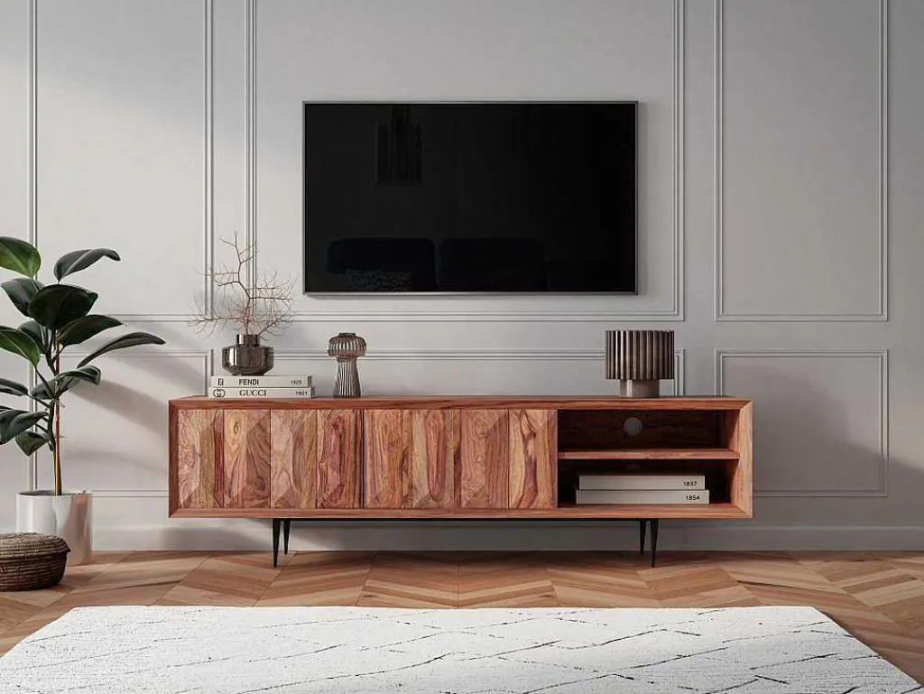 Tv-Meubel Met 2 Deuren En 2 Niche - Sheesham Hout En Metaal - Kleur: Natuurlijk - Zelicina-Vente-unique Outlet