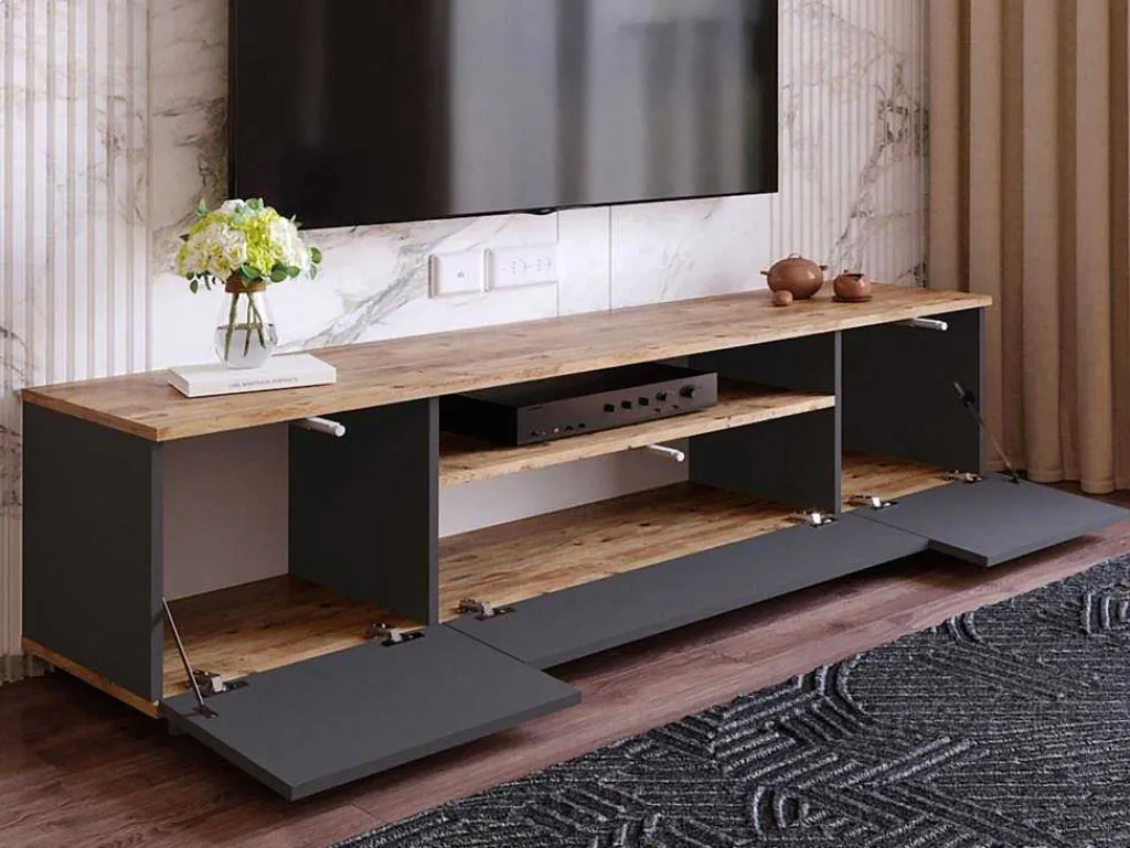Tv-Meubel Met 3 Deuren En 1 Nis - Antraciet En Naturel - Lotula-Vente-unique Clearance