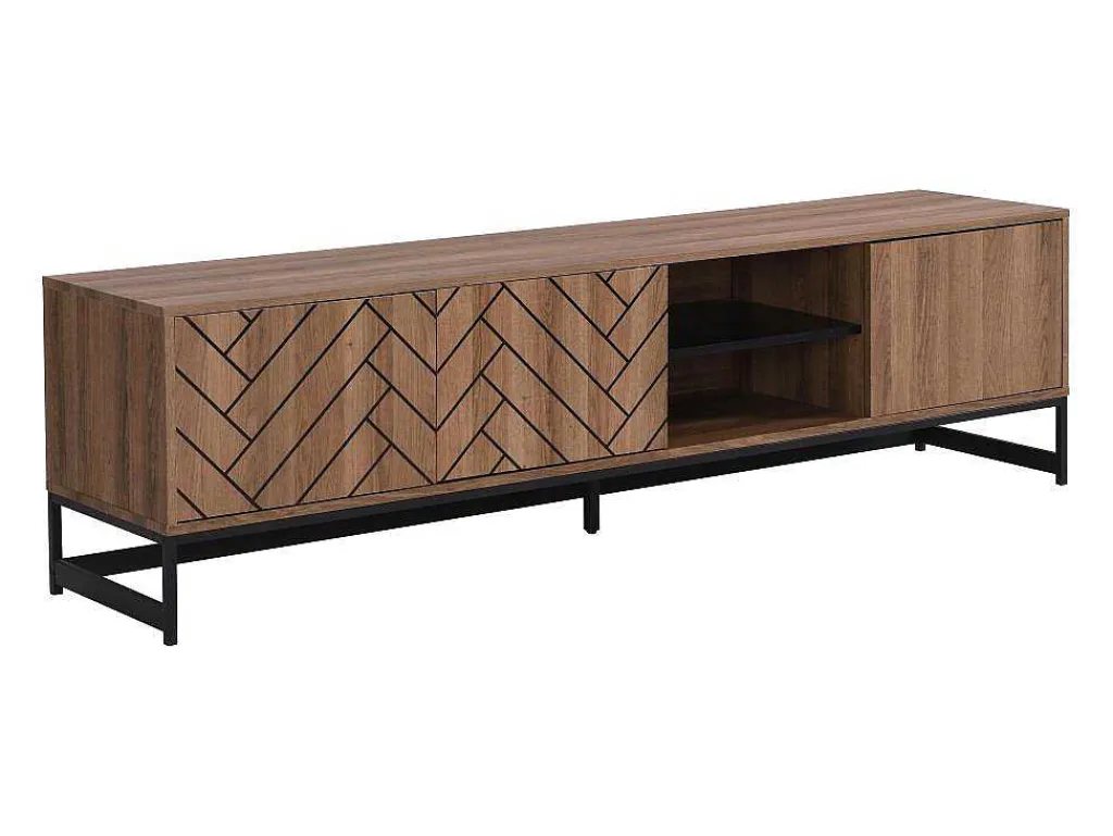 Tv-Meubel Met 3 Deuren En 2 Nissen - Mdf - Naturel En Zwart - Caratana-Vente-unique Online